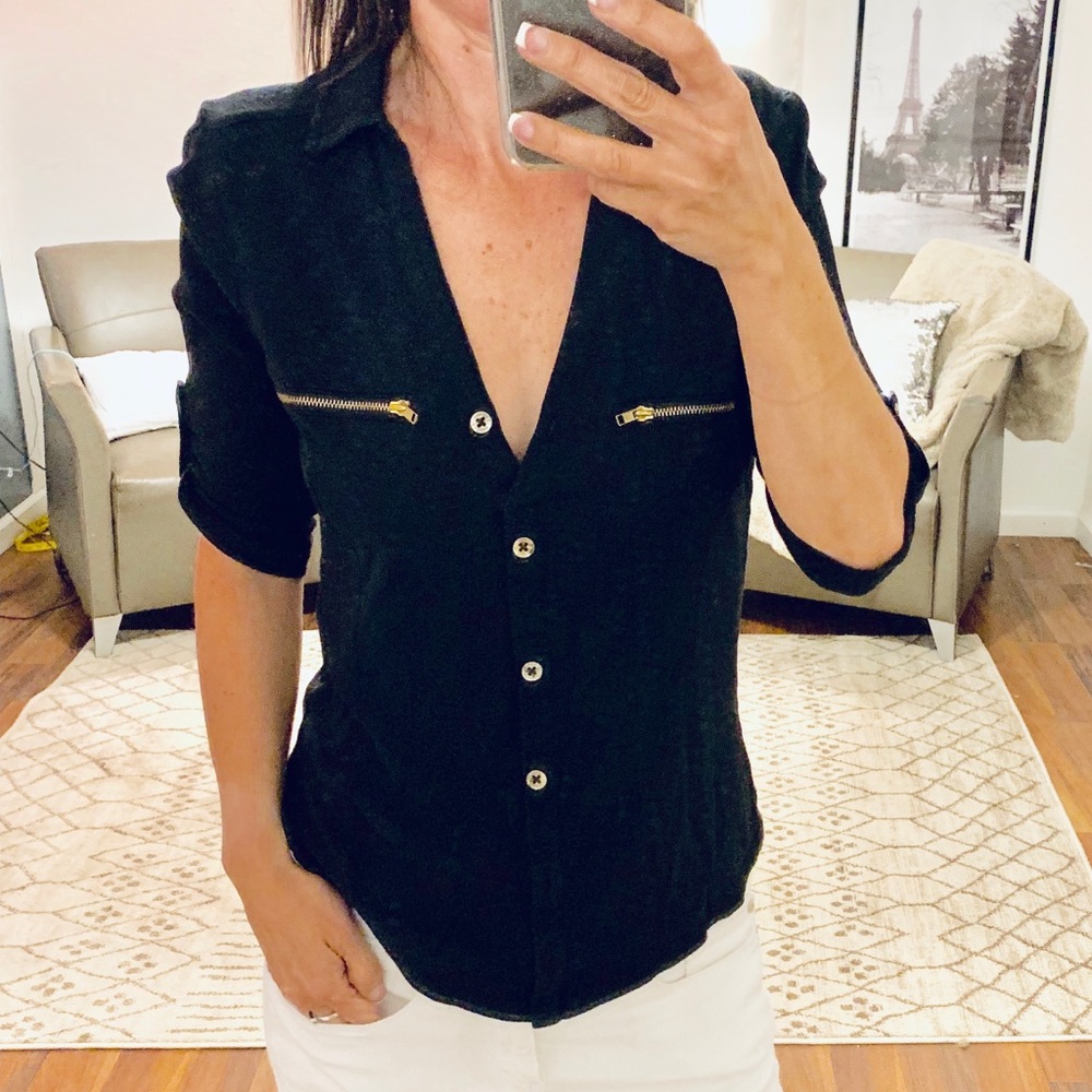 Guess Black V Neck With Gold Accent Zippers Small